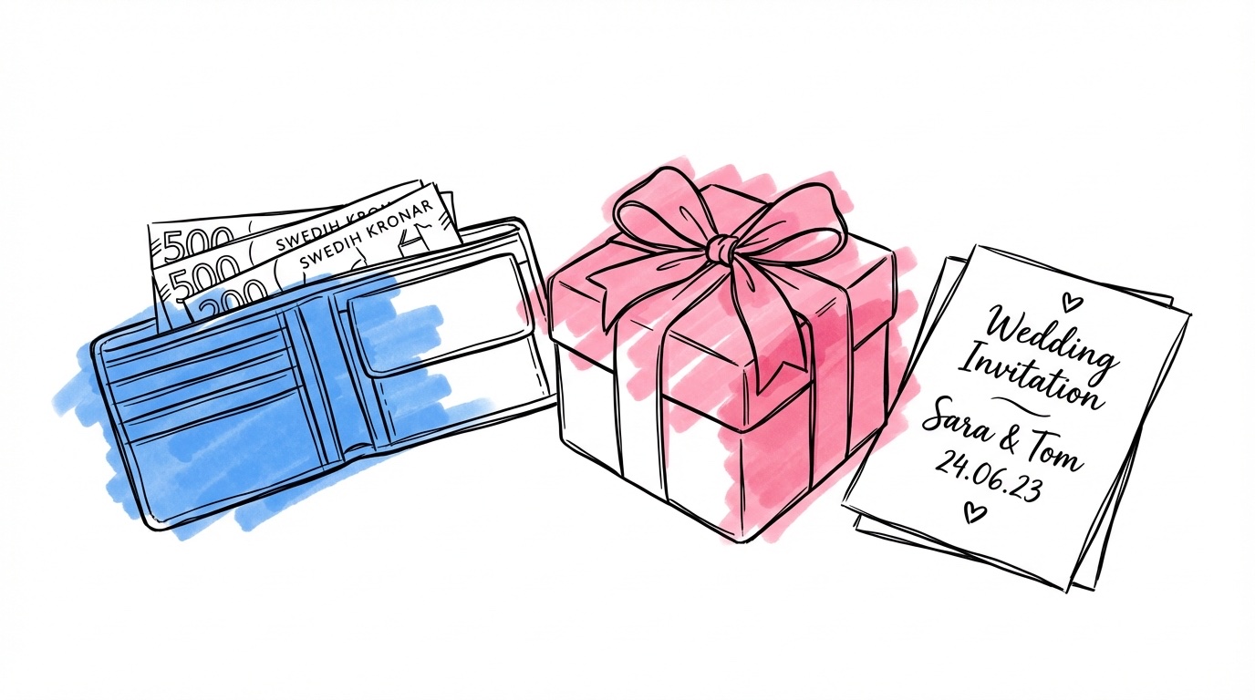 Öppen plånbok med svenska sedlar bredvid en inslagen present och ett inbjudningskort
