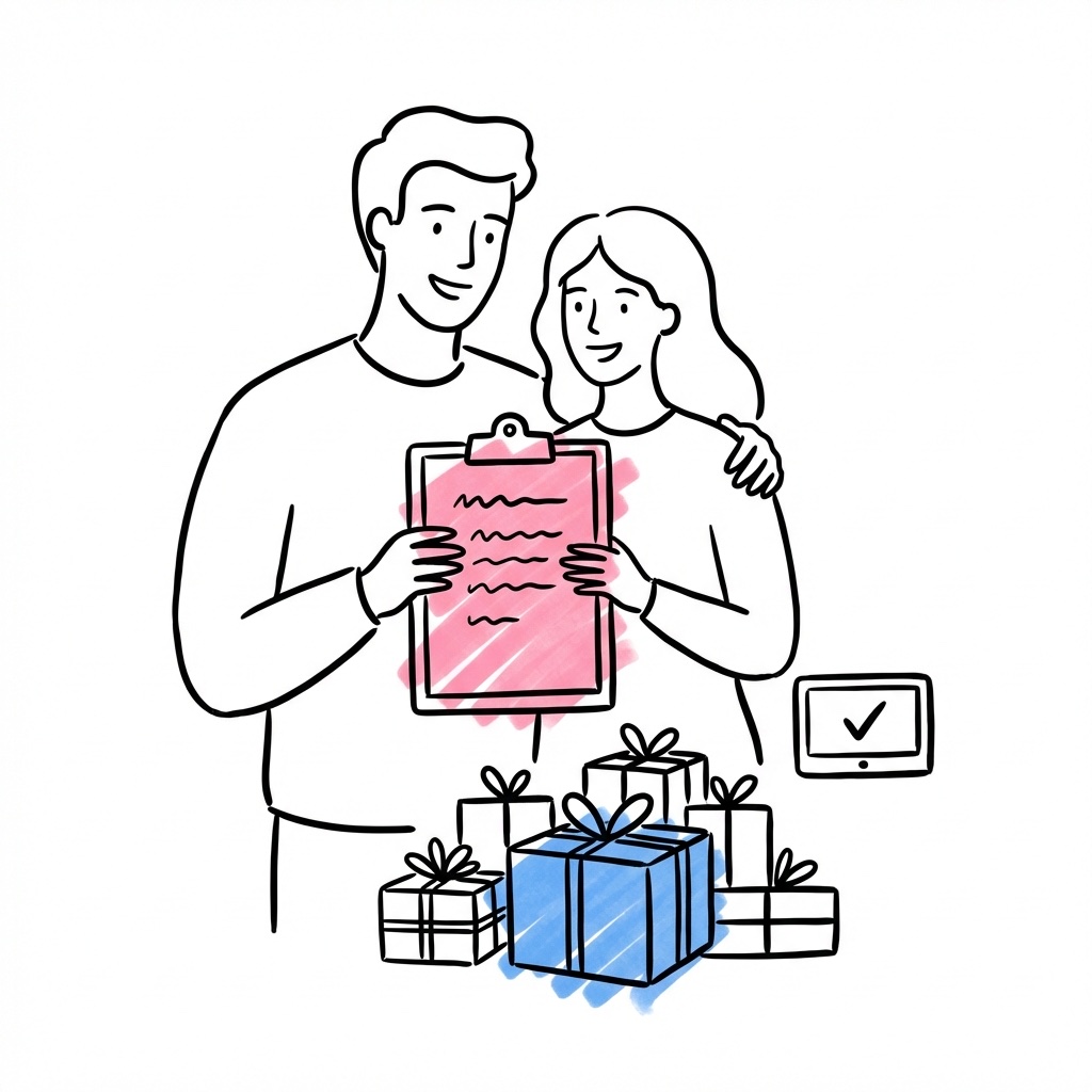 Glätt par som går igenom en checklista tillsammans med presentlådor och skärmar i bakgrunden