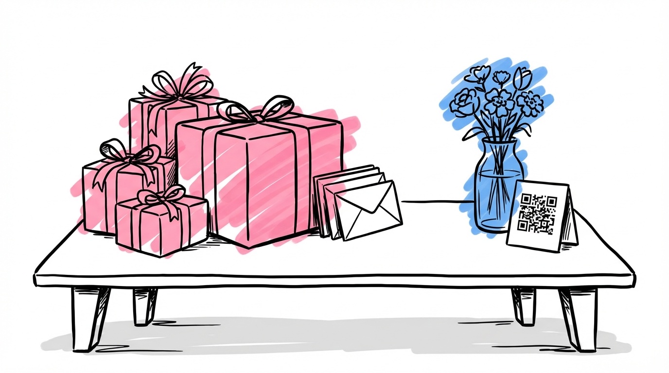 Festligt bröllopspresentbord med inslagna gåvor, eleganta kuvert och en Swish-QR-kod