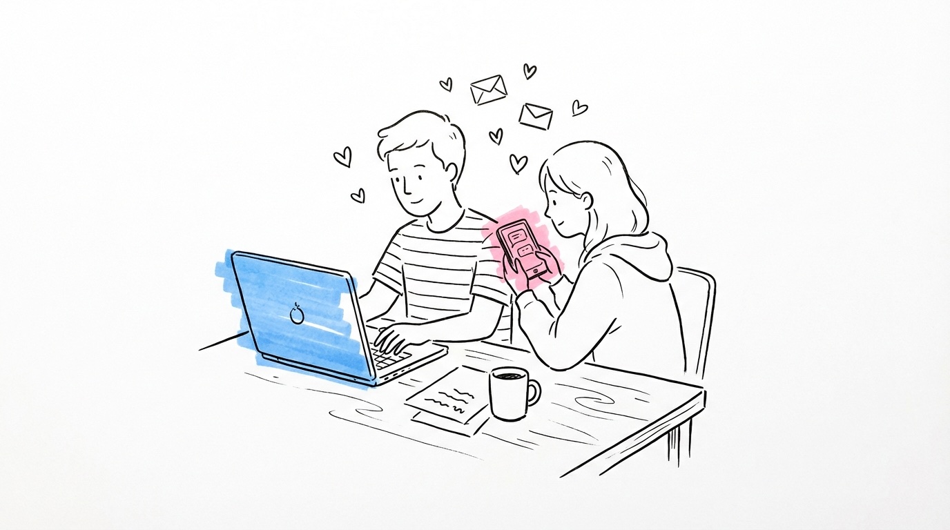 Par som sitter tillsammans och skriver meddelande på laptop med telefon i närheten