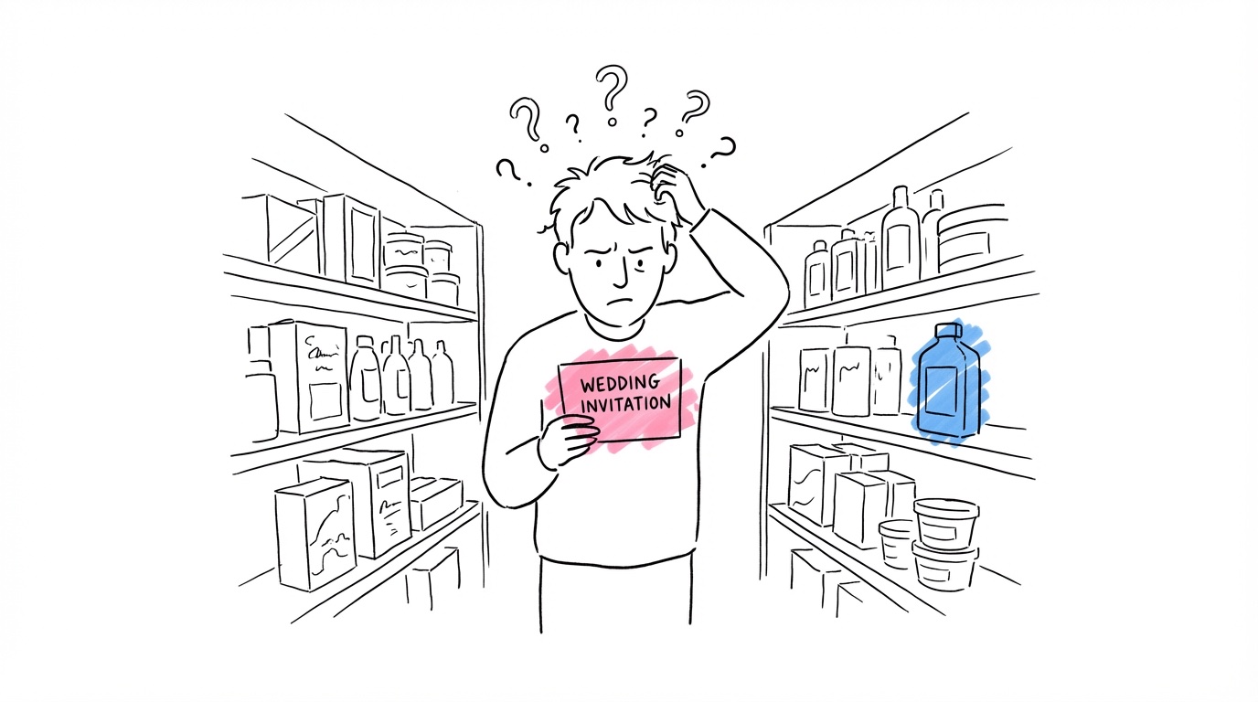 Förvirrad gäst i butik som tittar på hyllor med diverse saker och håller en bröllopsinbjudan