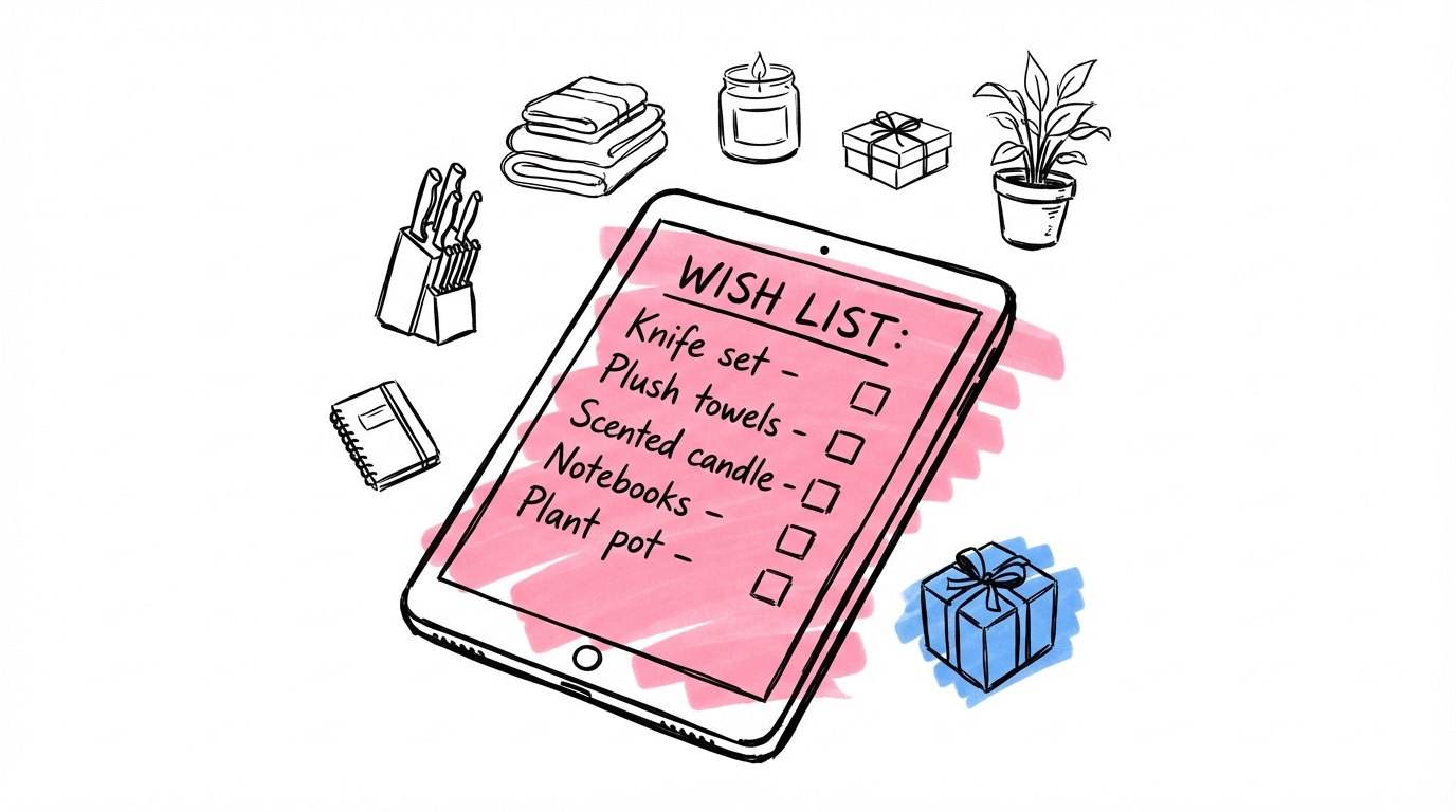 Organiserad önskelista på skärm med gåvoikoner i olika prisklasser