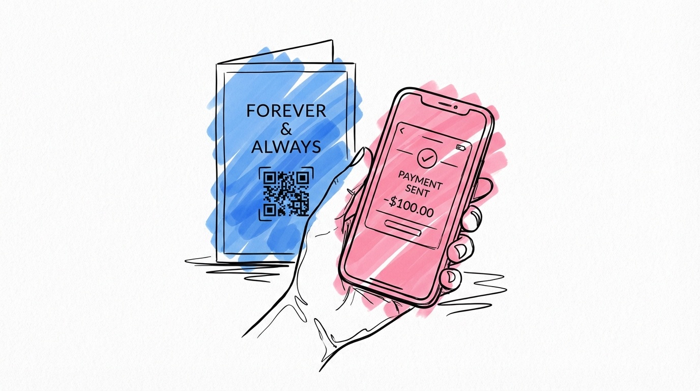 Hand som håller smartphone med Swish-överföring, bröllopskort med QR-kod i bakgrunden