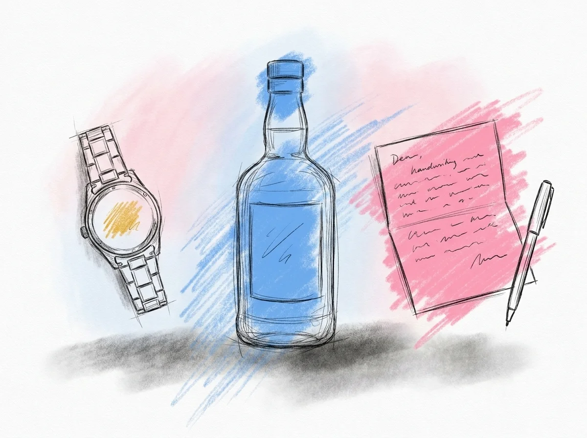 En flatlay av best man-presenter – manschettknappar eller ett armbandsur med gravyr, en personlig flaska sprit och en handskriven lapp, arrangerade på ett bord.