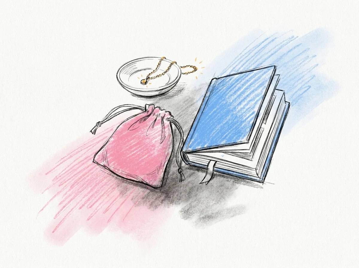 En liten flatlay av en smyckesdetalj, en personlig necessär eller väska och en fotobok, som antyder en genomtänkt minnesgåva.