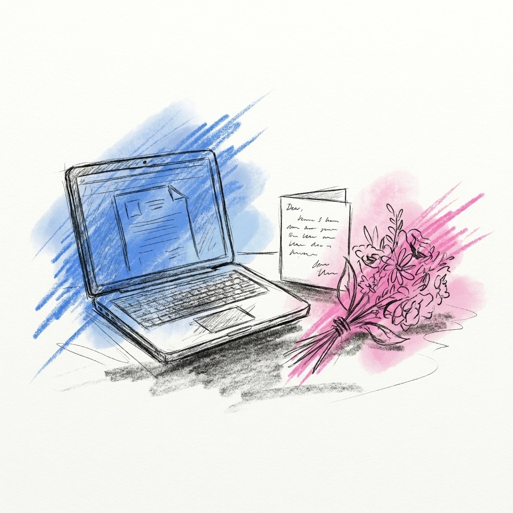 En laptop med ett kort brev under arbete, ett handskrivet kort och en liten bukett bredvid, i Lovios rosa och blå illustrationsstil