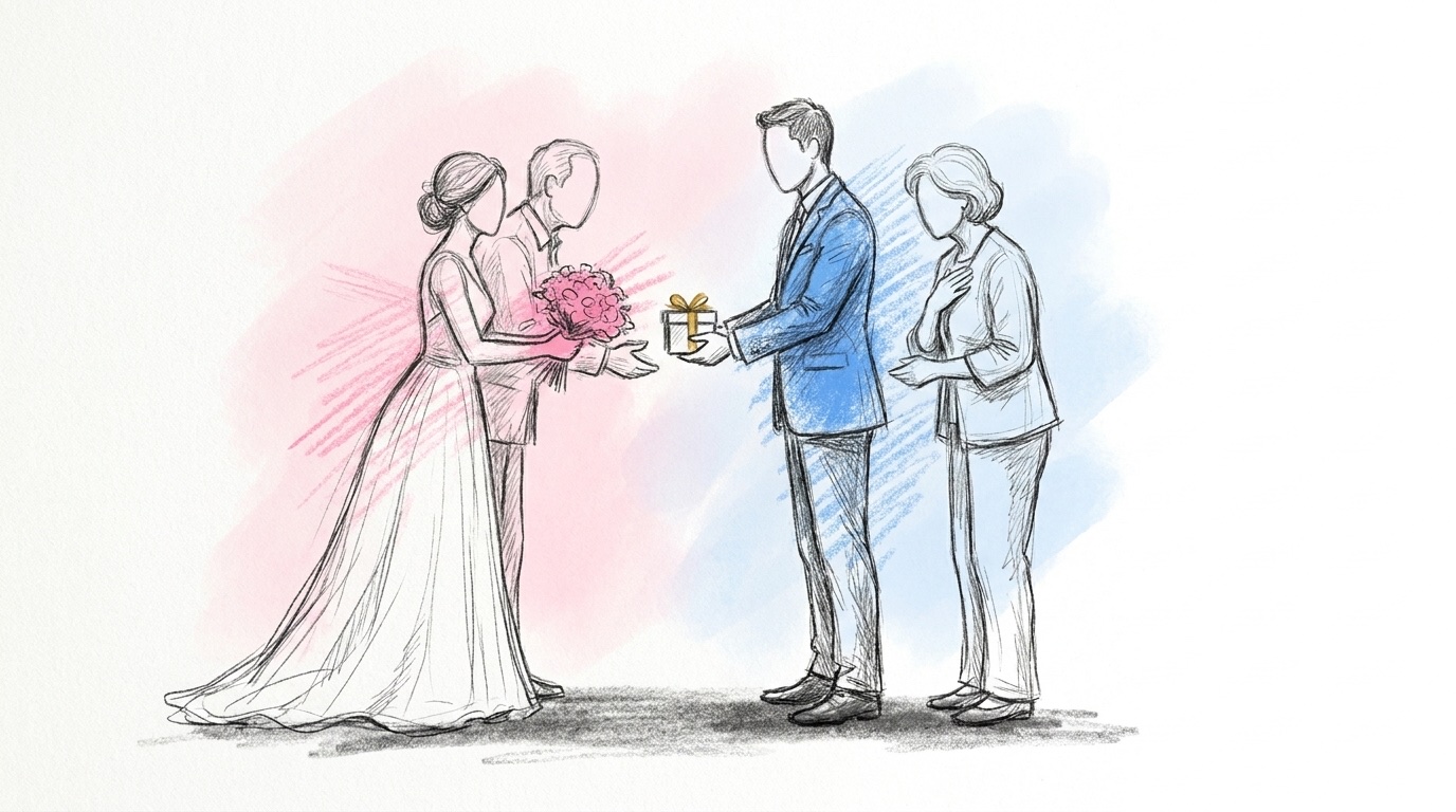 Present till föräldrar bröllop: ett par överräcker en liten inslagen present och en bukett till två äldre föräldrar som ser rörda ut, i Lovios rosa och blå illustrationsstil
