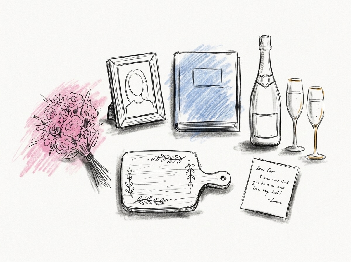 Gåvoidéer utlagda på ett bord: liten bukett, inramat foto, fotoalbum, flaska med två glas, graverat skärbräde och ett handskrivet kort, i Lovios rosa och blå illustrationsstil