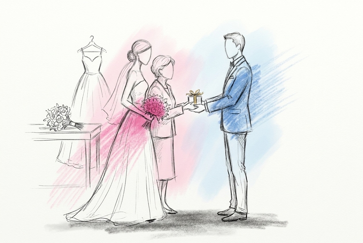 Ett par ger en present till en förälder i ett ljust rum på bröllopsmorgonen, med en brudklänning på galge i bakgrunden, i Lovios rosa och blå illustrationsstil