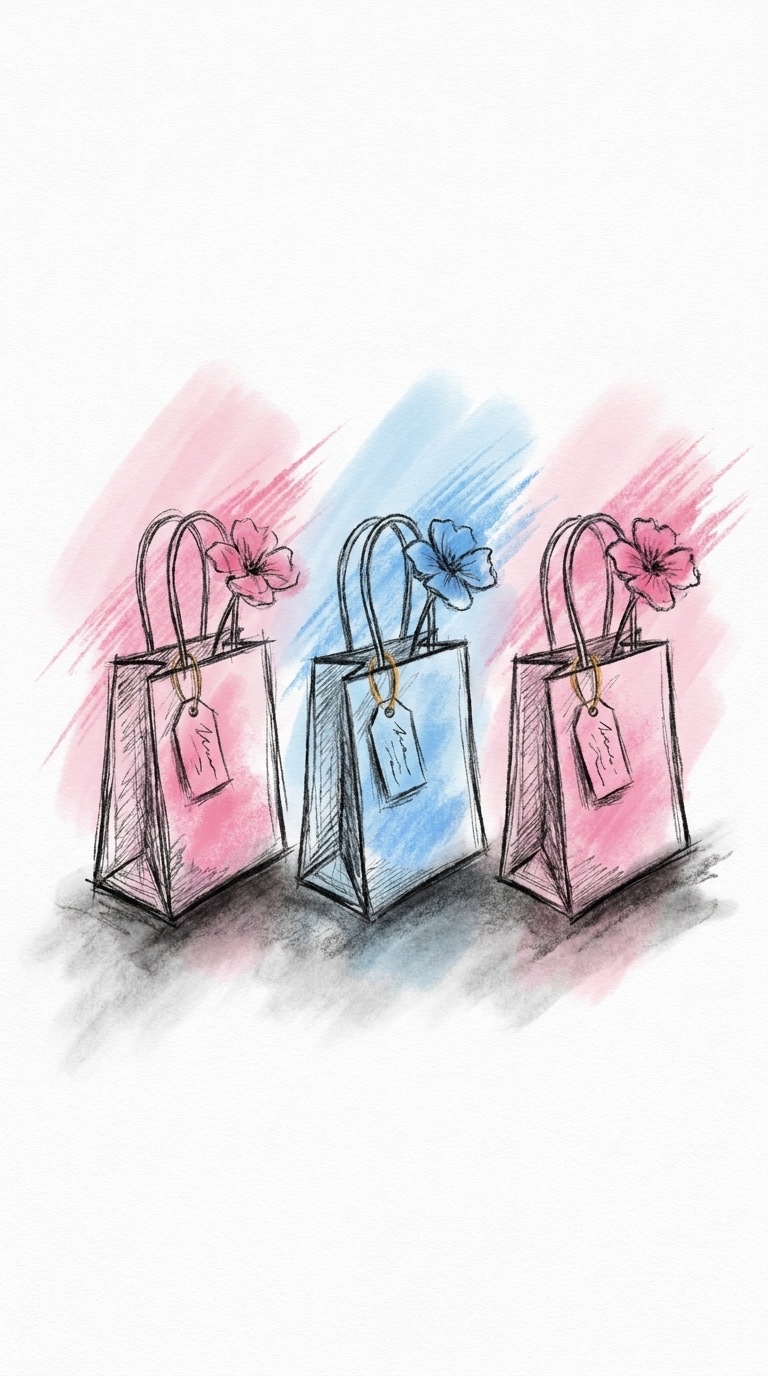 Tre små presentpåsar i en rad, var och en med en handskriven lapp och en blomma, i Lovios rosa och blå illustrationsstil