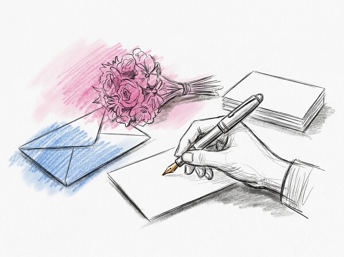 En hand skriver ett kort med reservoarpenna, med kuvert, en liten bukett och en hög med blanka kort bredvid, i Lovios rosa och blå illustrationsstil