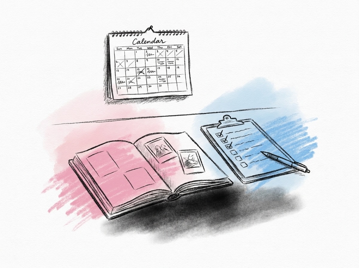 Ett skrivbord med väggkalender, en checklista med några bockade rutor, ett fotoalbum under arbete och en penna, i Lovios rosa och blå illustrationsstil