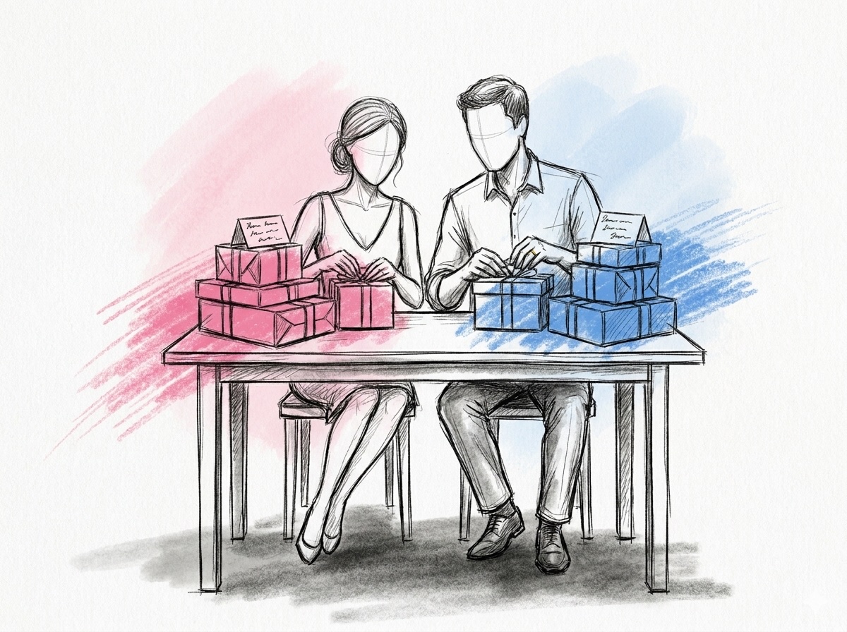 Ett par vid ett bord sorterar inslagna presenter i två högar med handskrivna kort överst, i Lovios rosa och blå illustrationsstil