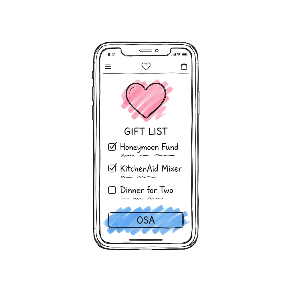 Telefonsk\u00e4rm med en br\u00f6llopshemsida som visar en g\u00e5volista, ett hj\u00e4rta och en OSA-knapp