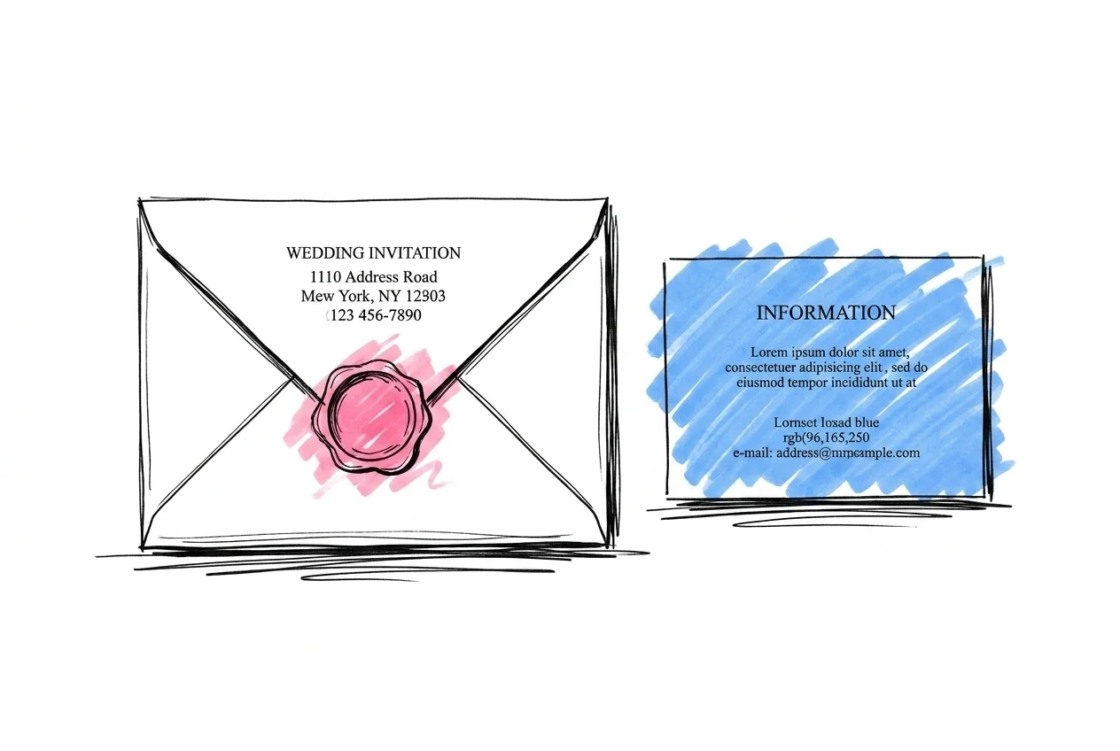 En elegant inbjudan med hj\u00e4rtf\u00f6rsegling bredvid ett separat infokort \u2014 distinktionen mellan formell inbjudan och separat presentinfo