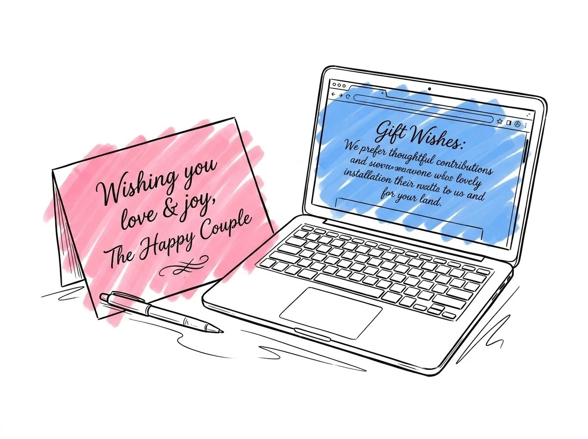 Ett kort med handskrivna textrader bredvid en laptopsk\u00e4rm som visar en br\u00f6llopshemsida