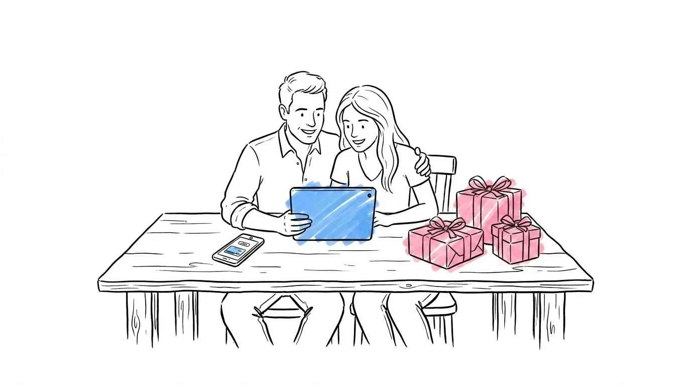 Par som sitter vid en laptop och planerar sin presentlista, med insl\u00e5gna g\u00e5vor och en telefon med Swish bredvid