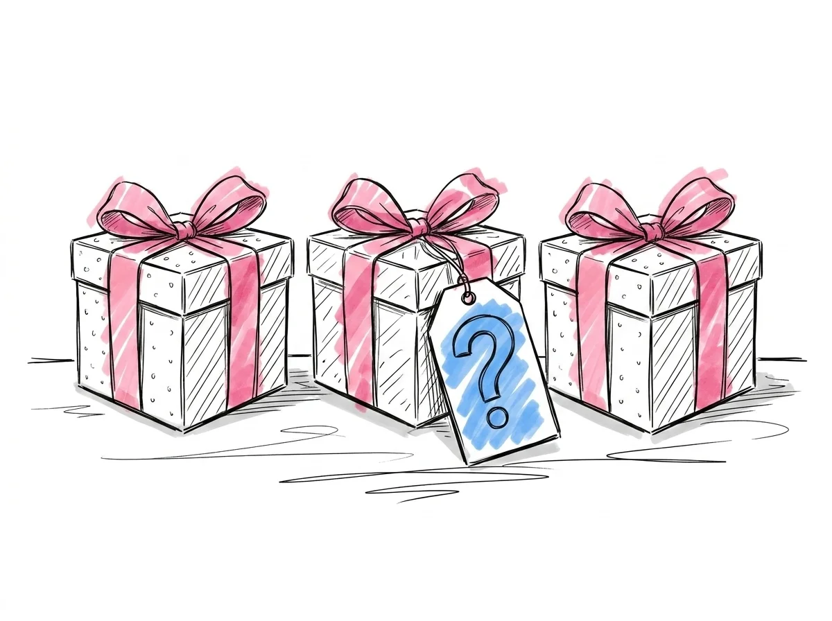 Tre identiska insl\u00e5gna presentl\u00e5dor som symboliserar dubbletter, en med ett fr\u00e5getecken