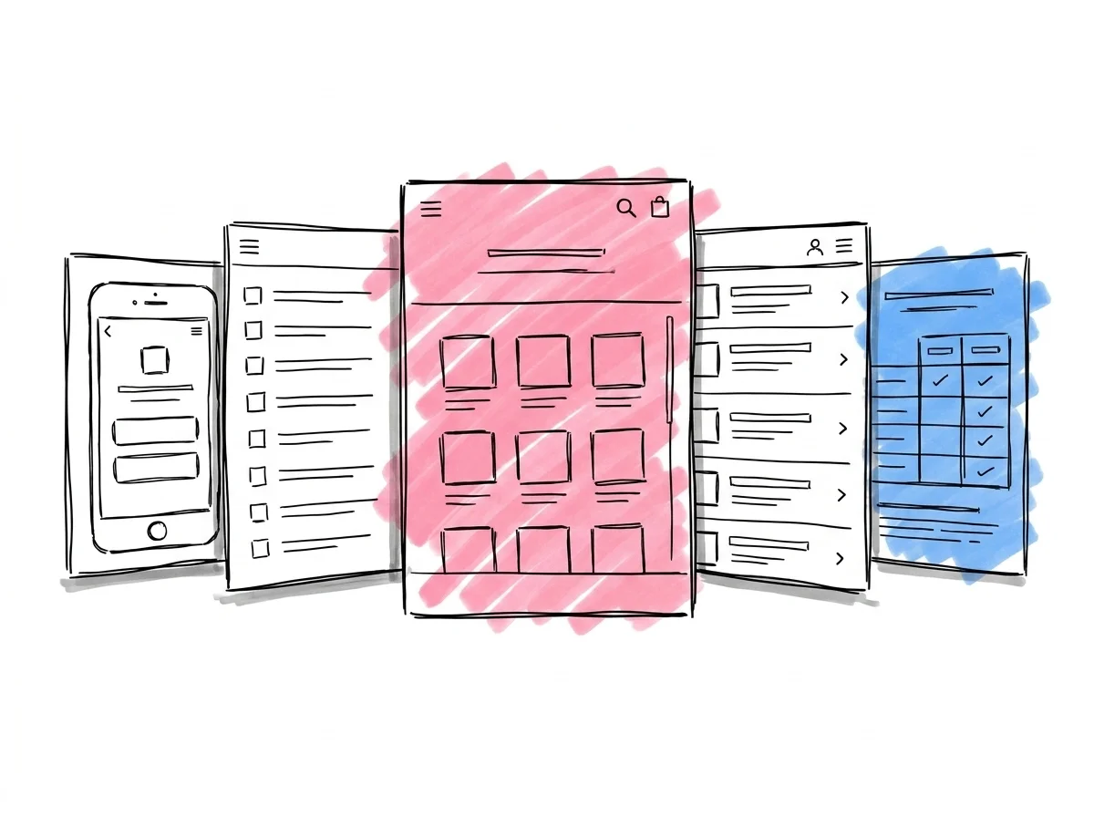 Fem enhetsk\u00e4rmar arrangerade i en solfjäder, varje visar ett distinkt gr\u00e4nssnitt f\u00f6r presentlista
