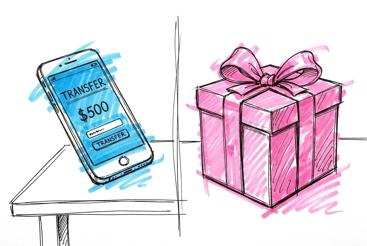 En telefon med Swish p\u00e5 v\u00e4nster sida och en vackert inslagen present p\u00e5 h\u00f6ger sida, med en diskret delningslinje