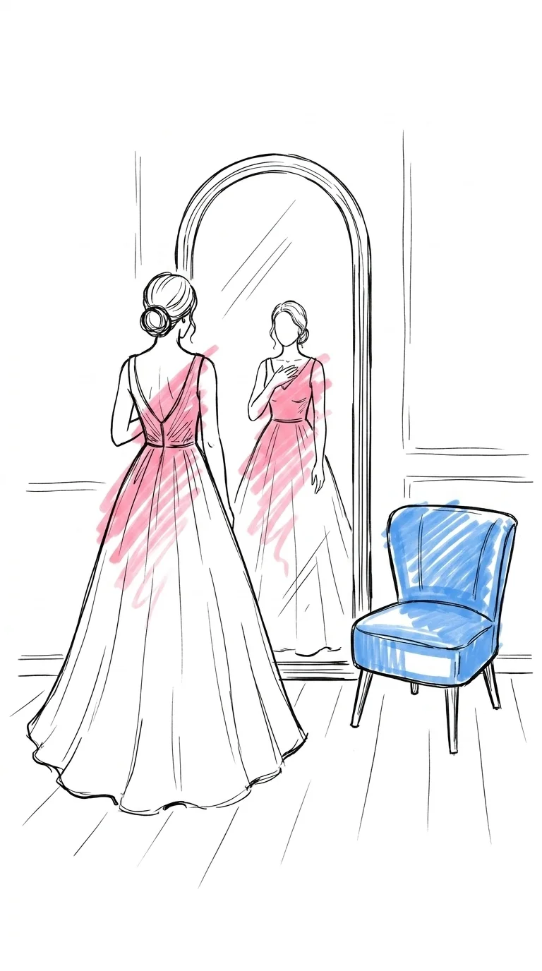 Brud som tittar på sig själv i en stor spegel i en klänning, eftertänksam stämning