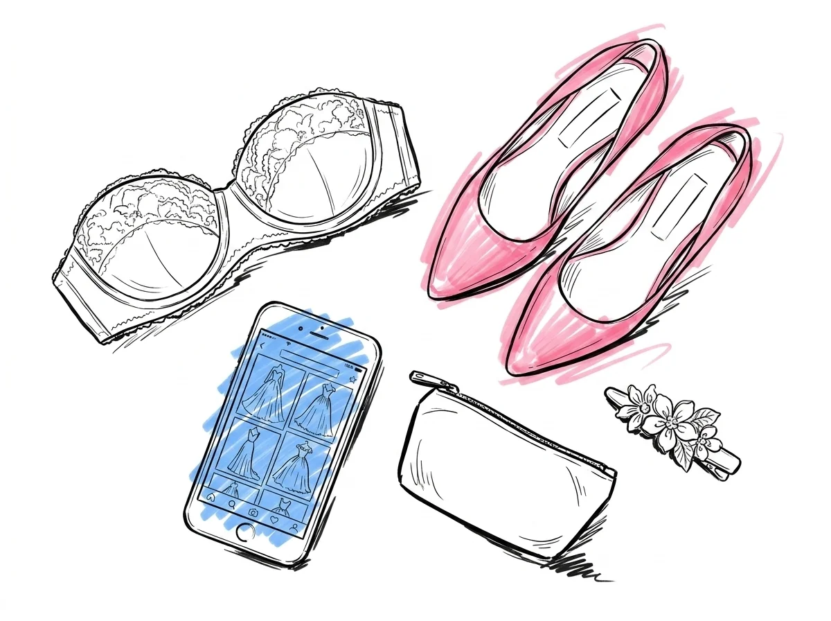 Flat lay med underkläder, skor, håraccessoarer och inspirationsbilder inför provning