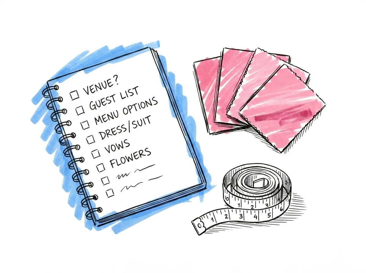 Brud och butiksrådgivare tittar på en klänningsetikett och diskuterar detaljer