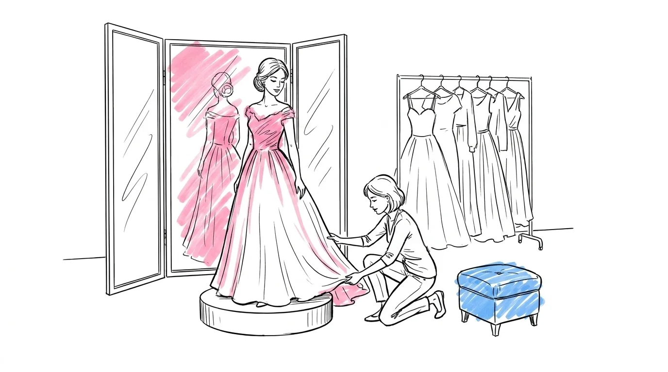 Brud som provar en brudklänning i en ljus butik med speglar och rådgivare