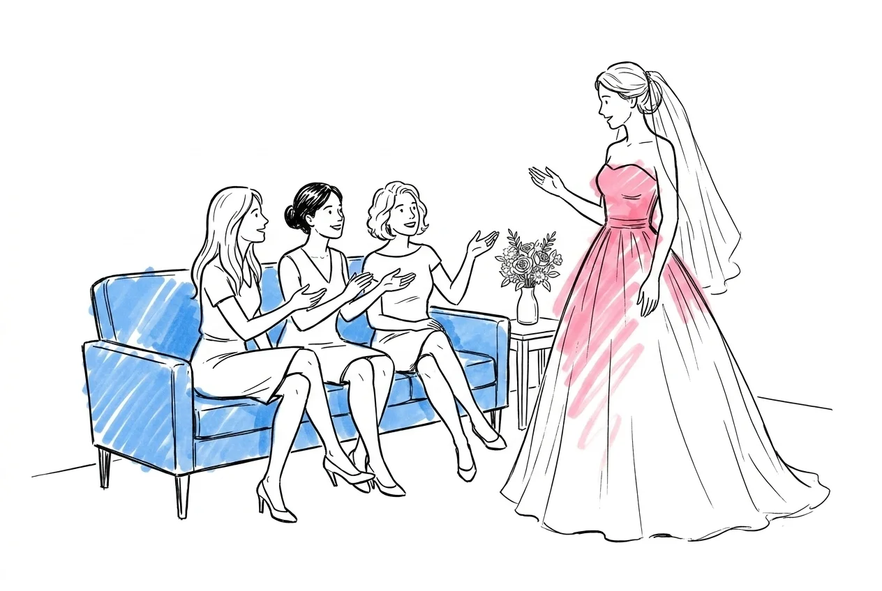 Brud och två väninnor skrattar framför en spegel i en brudklänningsbutik