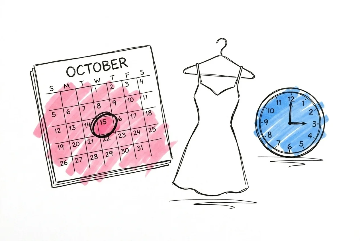 Kalender med markerade datum och brudklänning på galge i bakgrunden