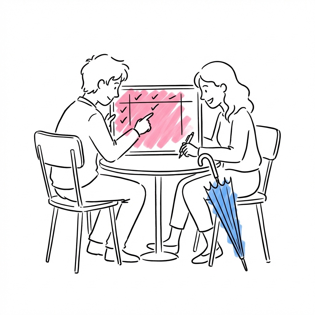 Par vid bord som granskar en planeringsboard med väderrelaterade uppgifter avbockade, paraply lutande mot bordet