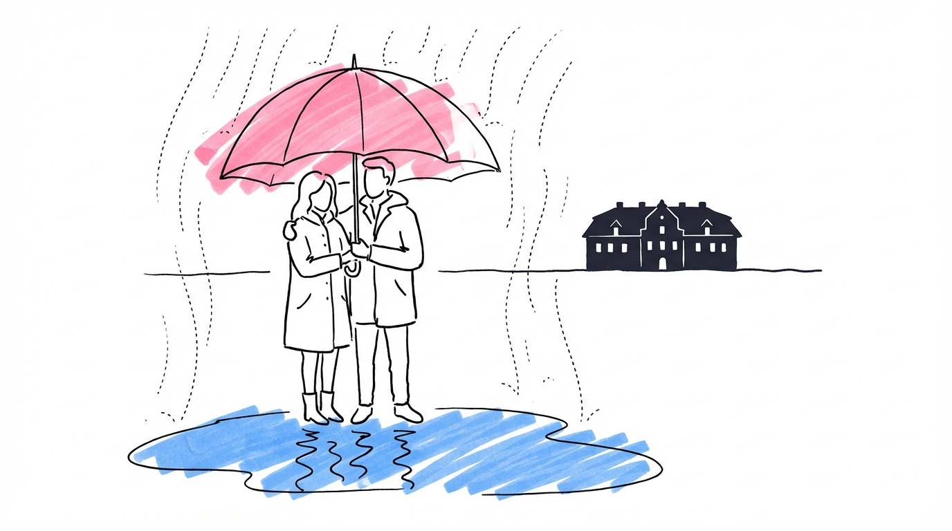 Par som står lugnt under ett stort paraply i lätt regn, svensk herrgård i bakgrunden