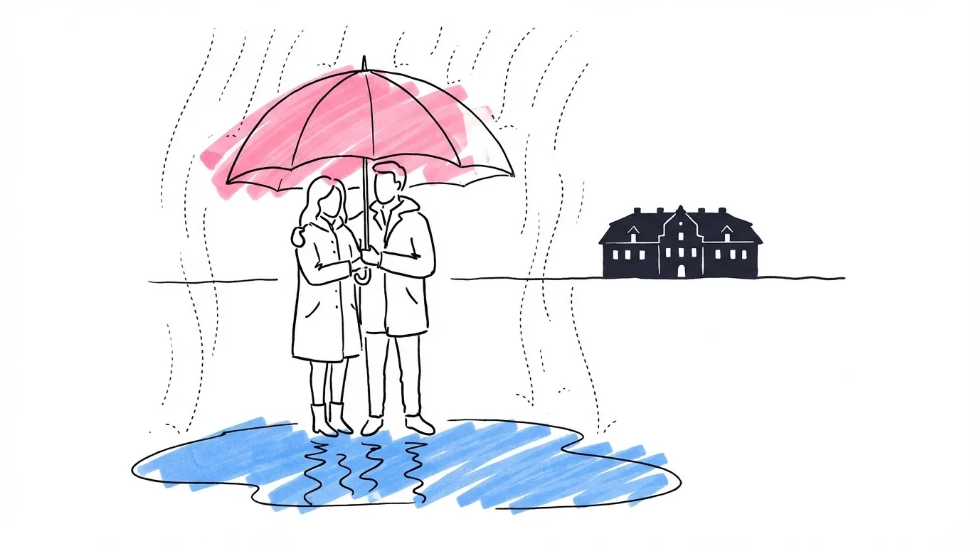 Par som står lugnt under ett stort paraply i lätt regn, svensk herrgård i bakgrunden