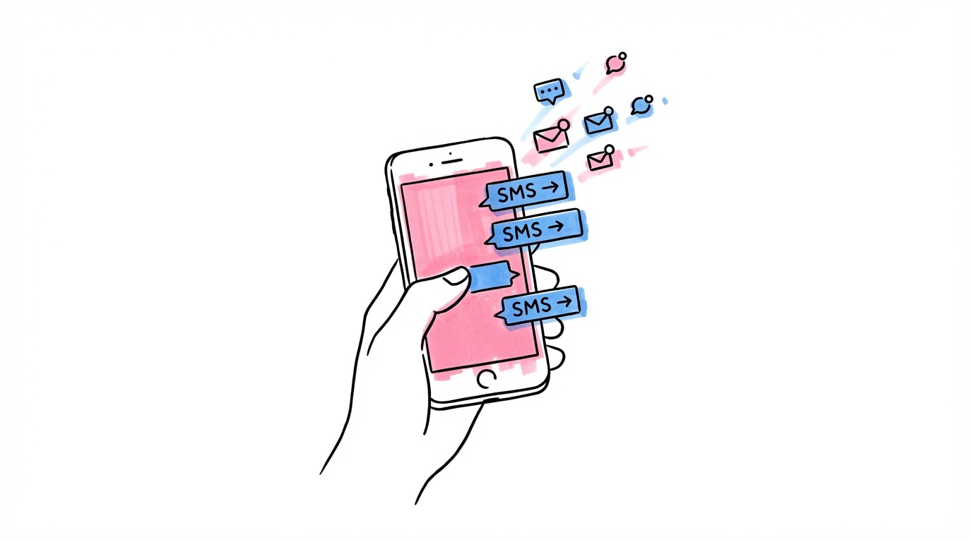 Telefon som visar SMS-notiser till bröllopsgäster, koordinator som håller telefonen