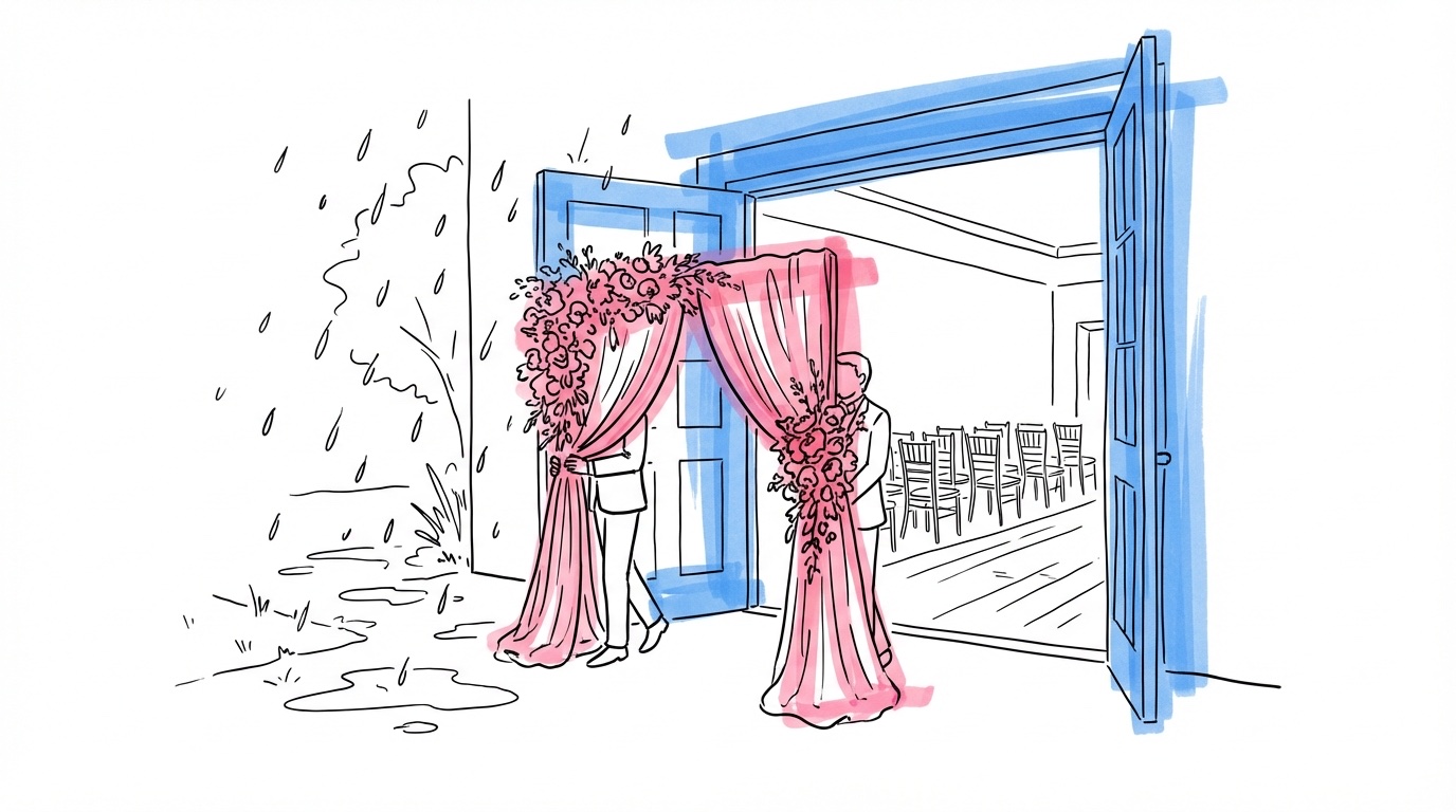 Delad scen: utomhusceremoni i regn flyttas inomhus till en vacker sal med samma stolar och båge