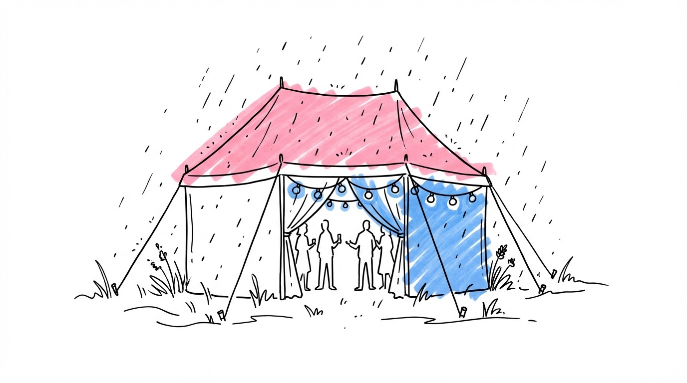 Vackert bröllopstält på en grön svensk äng med varm belysning inuti och lätt regn på utsidan