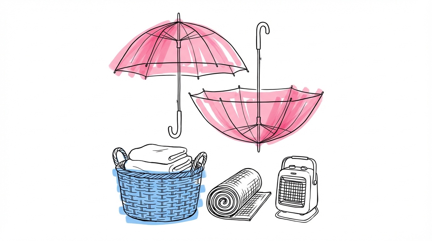 Flat-lay med genomskinliga paraplyer, vita handdukar i korg, gångmatta och skoöverdrag