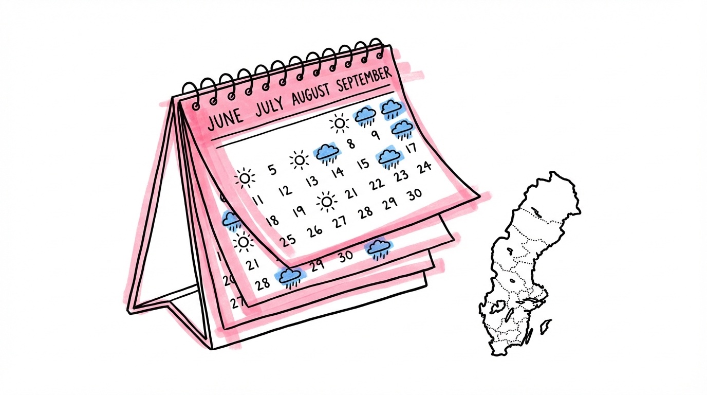 Kalender med regnmoln och sol över svenska sommar—månader, karta över Sverige med regionala väderskillnader