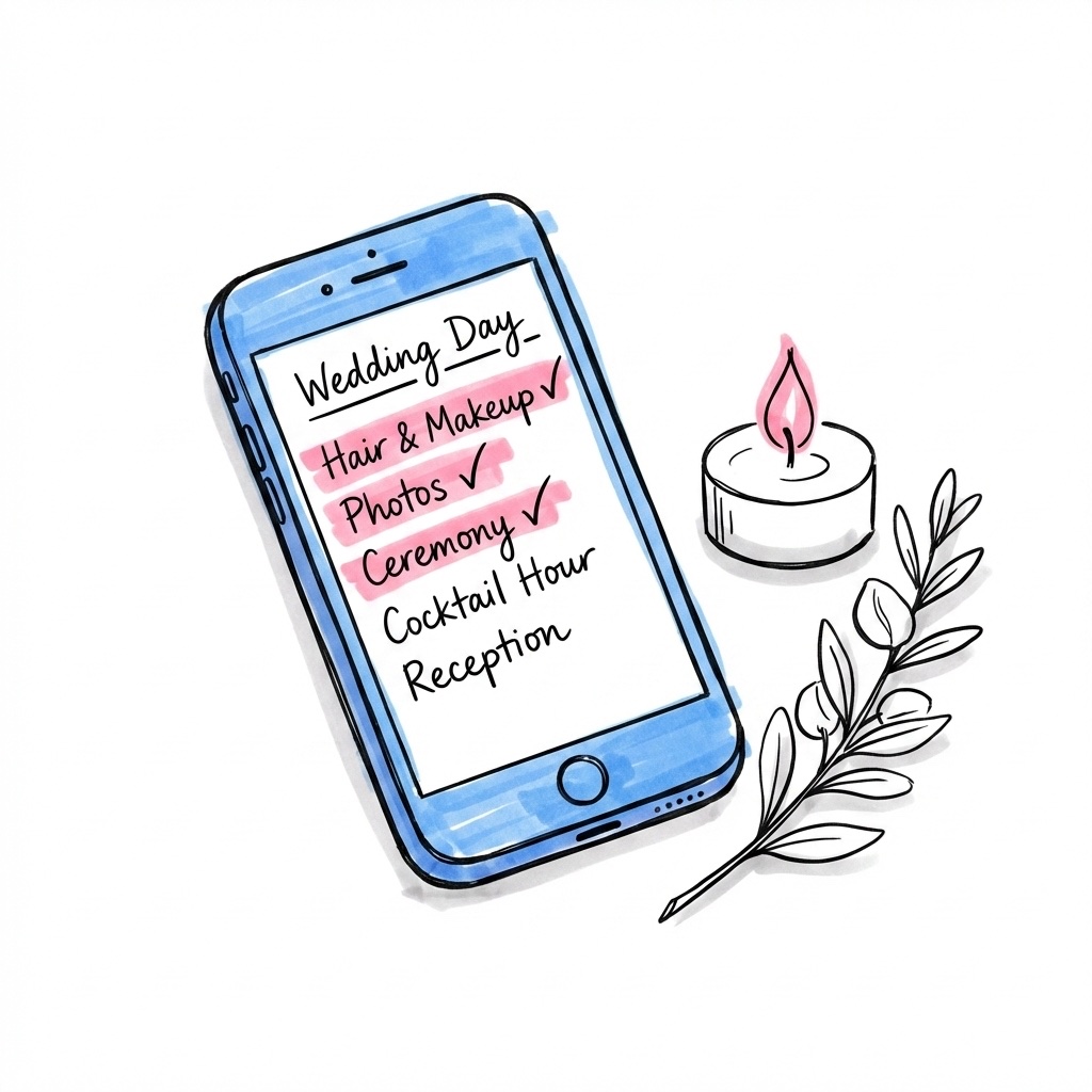 Mobilskärm med bröllopstidslinje och bockade steg bredvid ljus och grönska — planera religiös vigsel