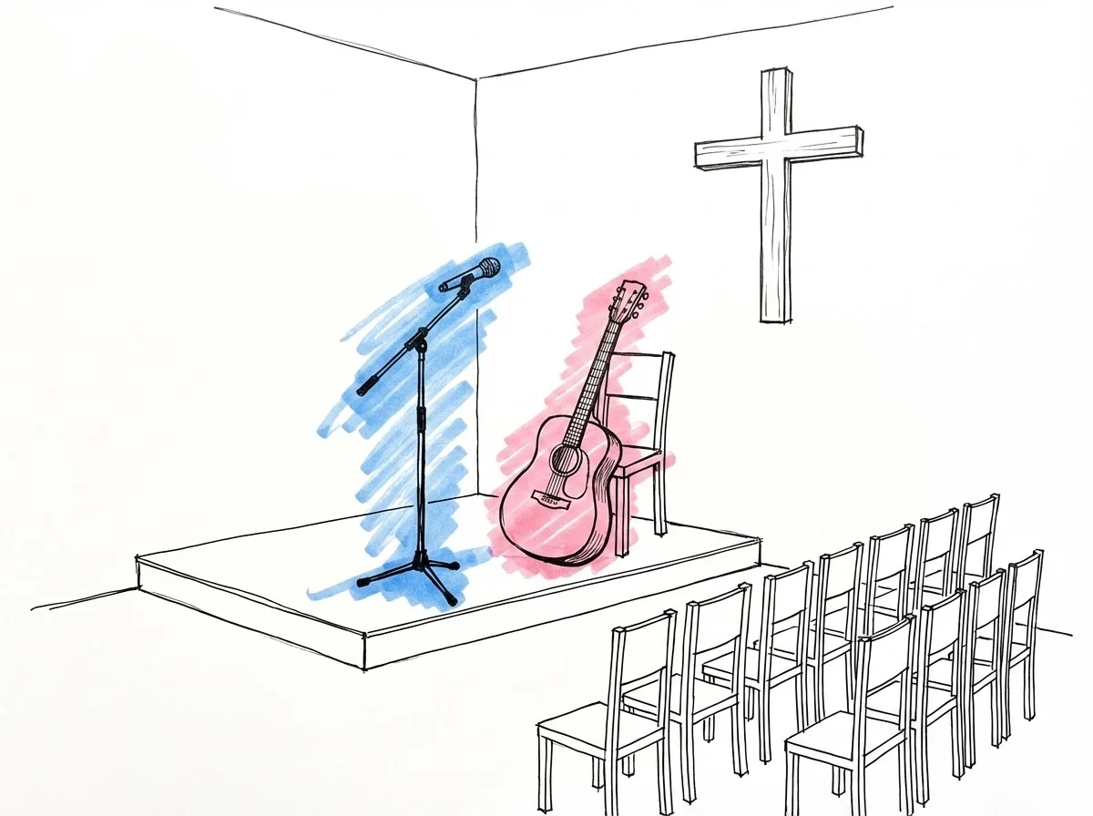 Ljust, modernt kapell med mikrofon, gitarr och ett enkelt träkors — frikyrklig vigselceremoni