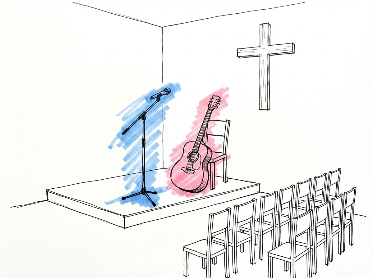 Ljust, modernt kapell med mikrofon, gitarr och ett enkelt träkors — frikyrklig vigselceremoni