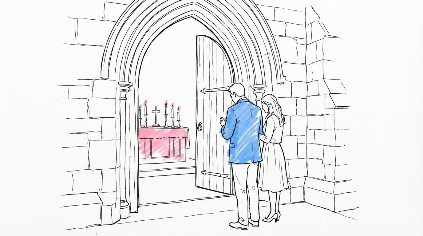 Par vid ingången till ett gudstjänstrum med valv, levande ljus och ett enkelt altare — religiös vigsel i Sverige