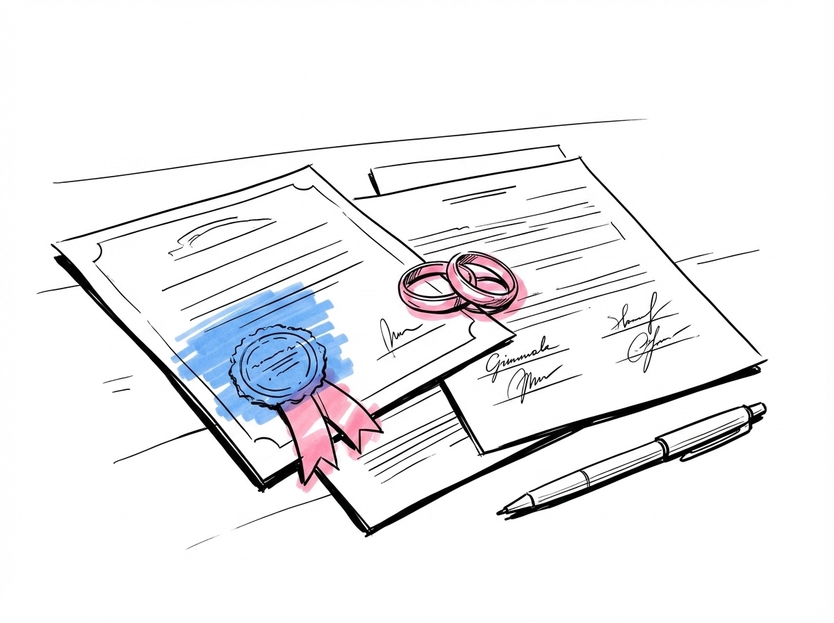 Officiella dokument på ett skrivbord — stämplat intyg, undertecknad blankett och vigselringar på pappren