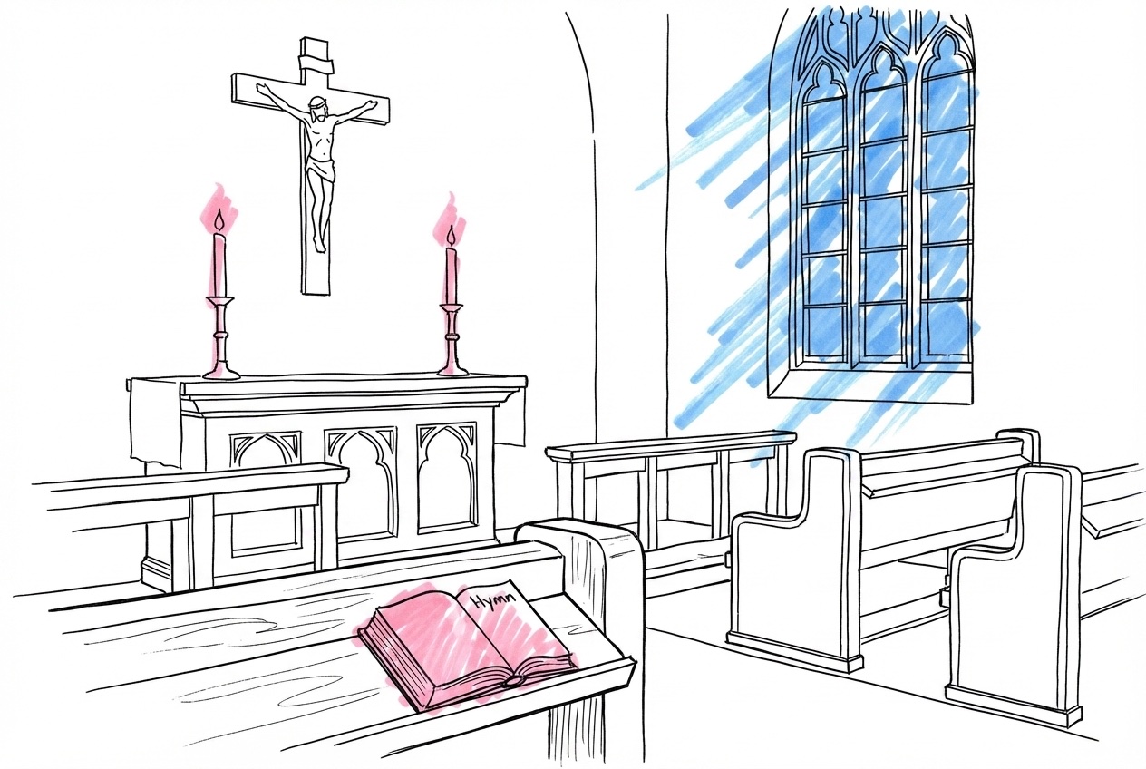 Interiör av en katolsk kyrka med höga altarljus, krucifix och ett öppet psalmbok på en kyrkbänk