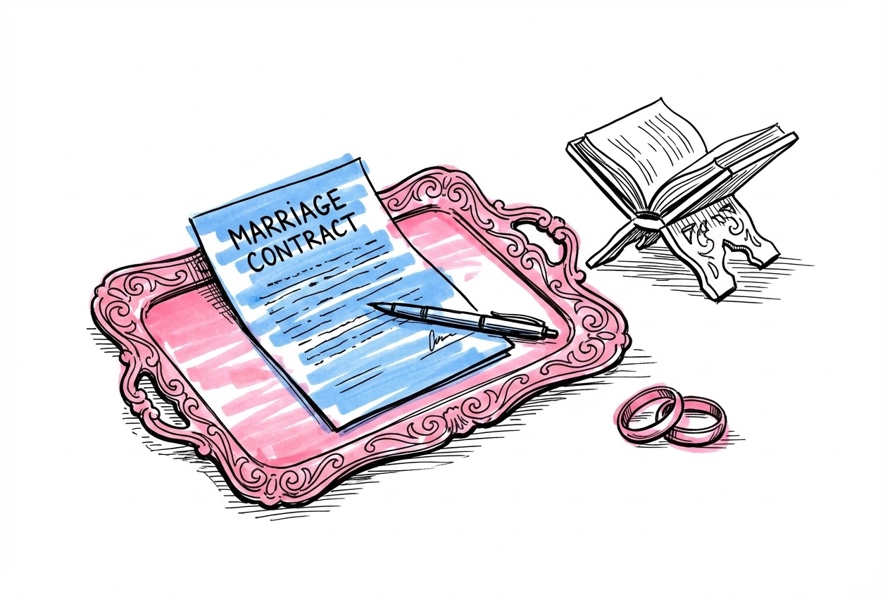 Äktenskapskontrakt på en dekorativ bricka med ringar och ett litet koranställ — muslimsk nikah-ceremoni