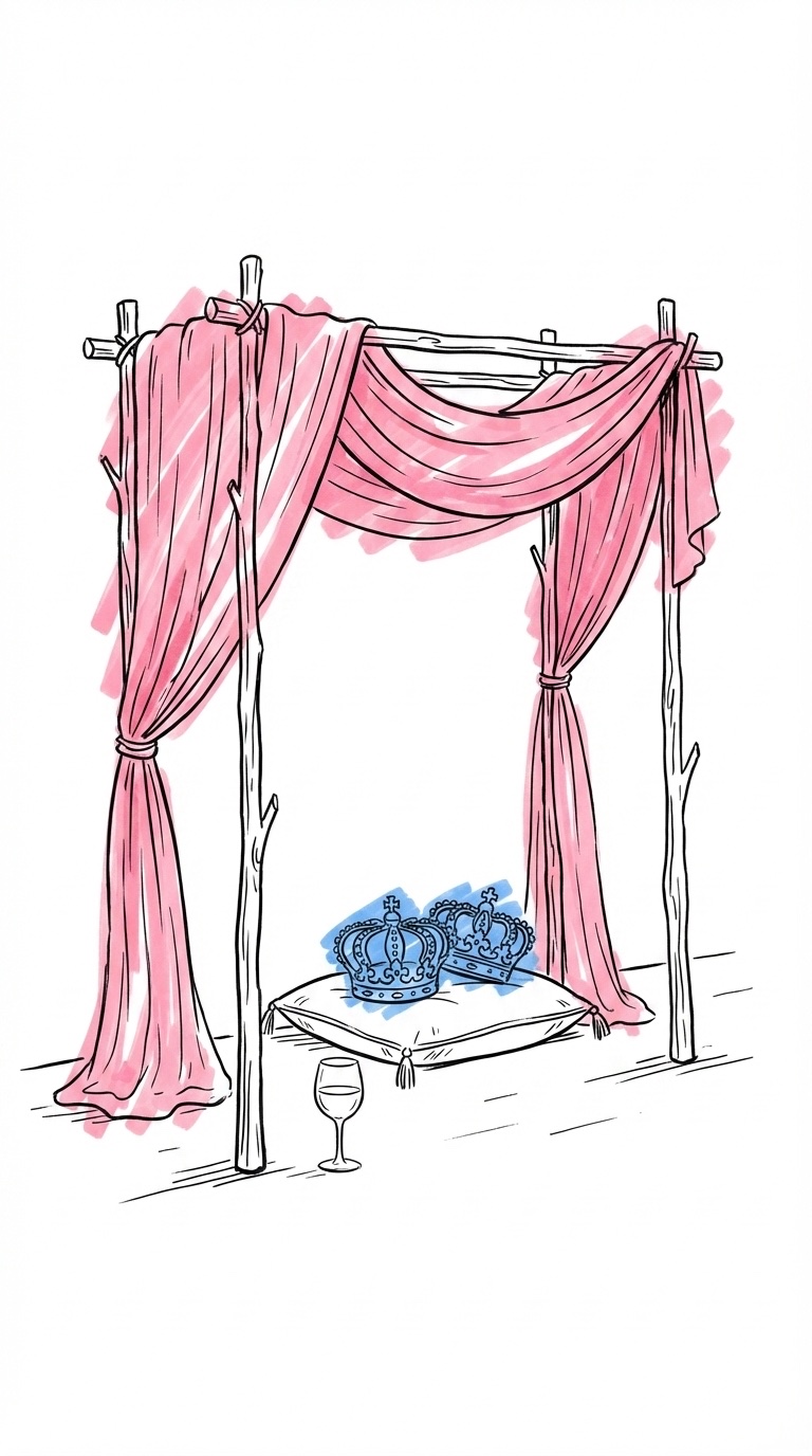 Chuppah draperad med tyg, ornamenterade kronor på en kudde och ett vinglas på golvet — ortodox och judisk vigsel