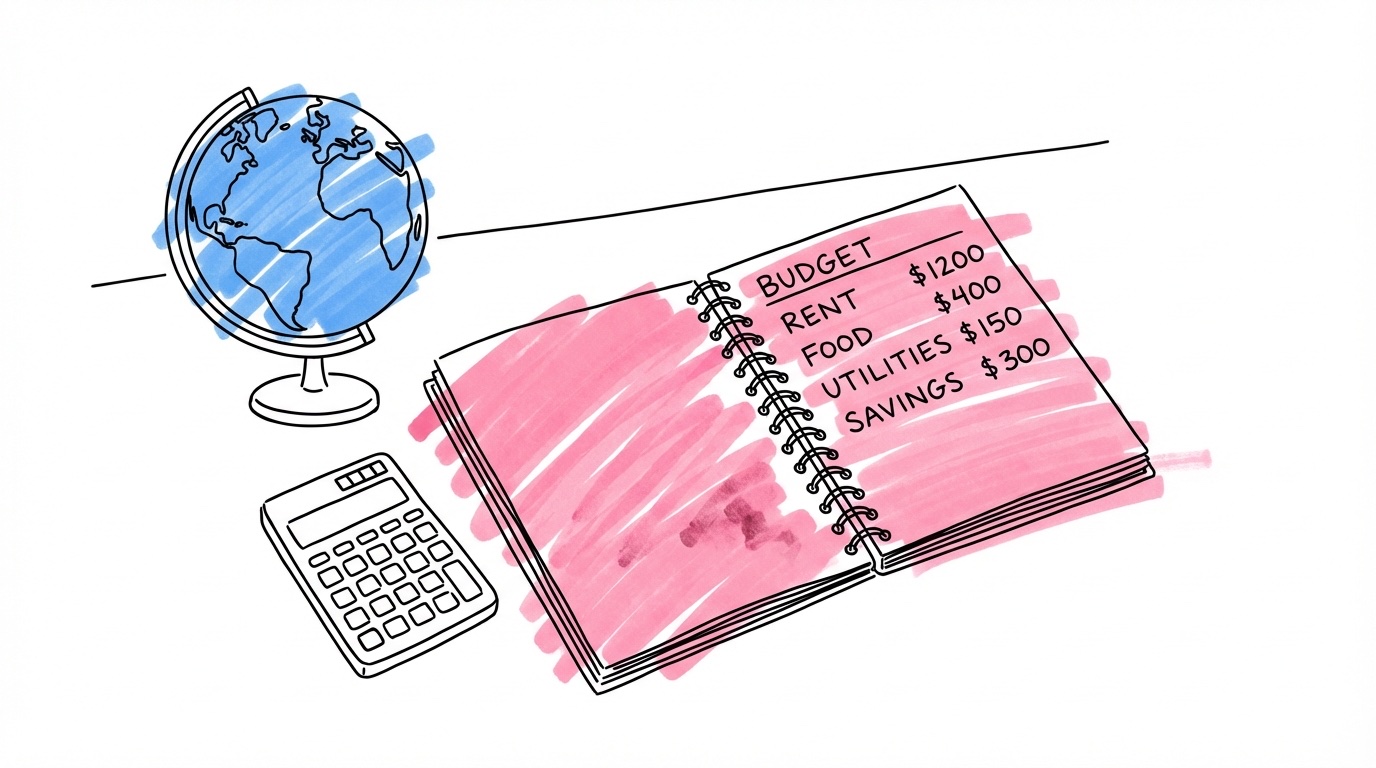 Planeringsbok med budgetkategorier, kalkylator och resekarta