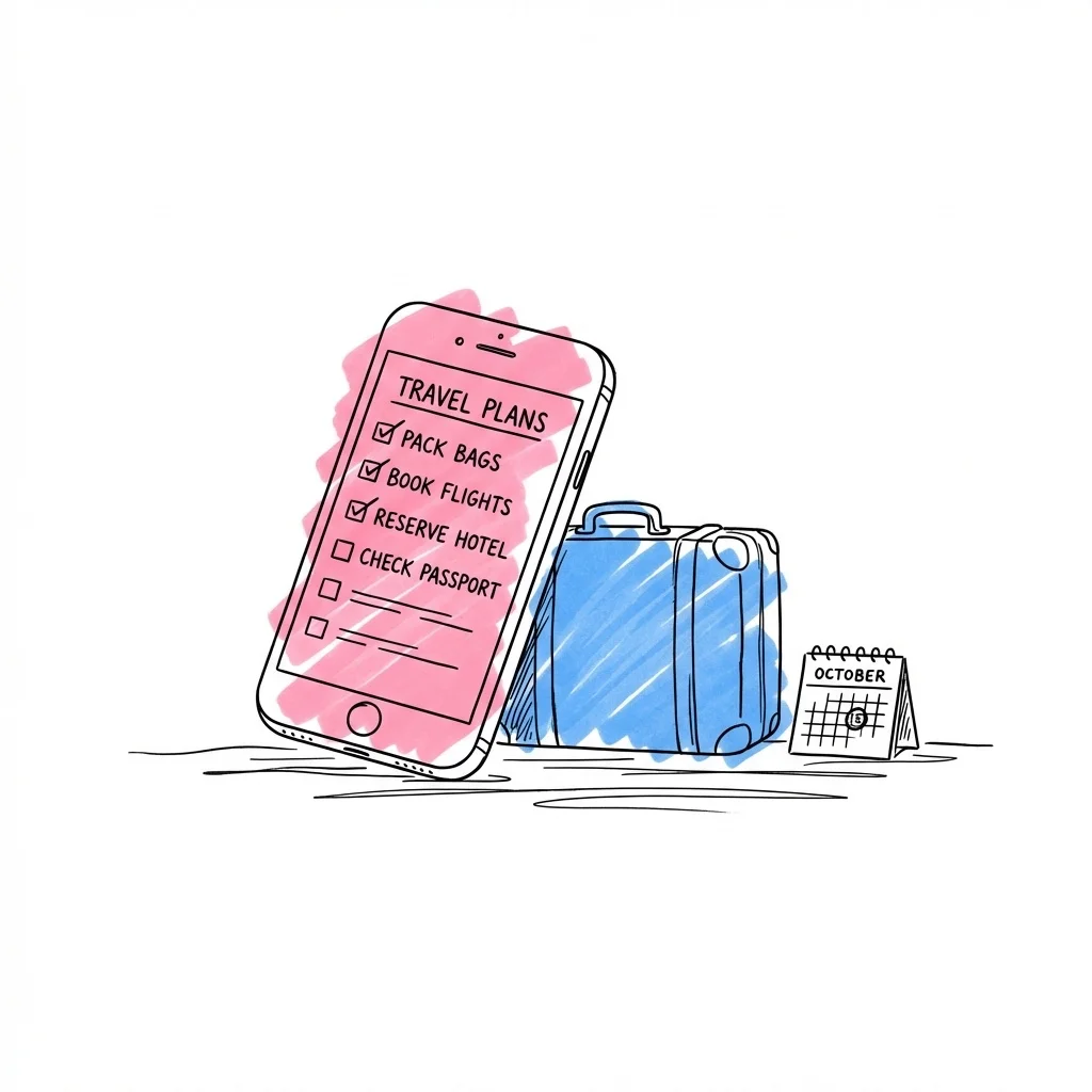 Par håller telefon med planeringschecklista och resväska