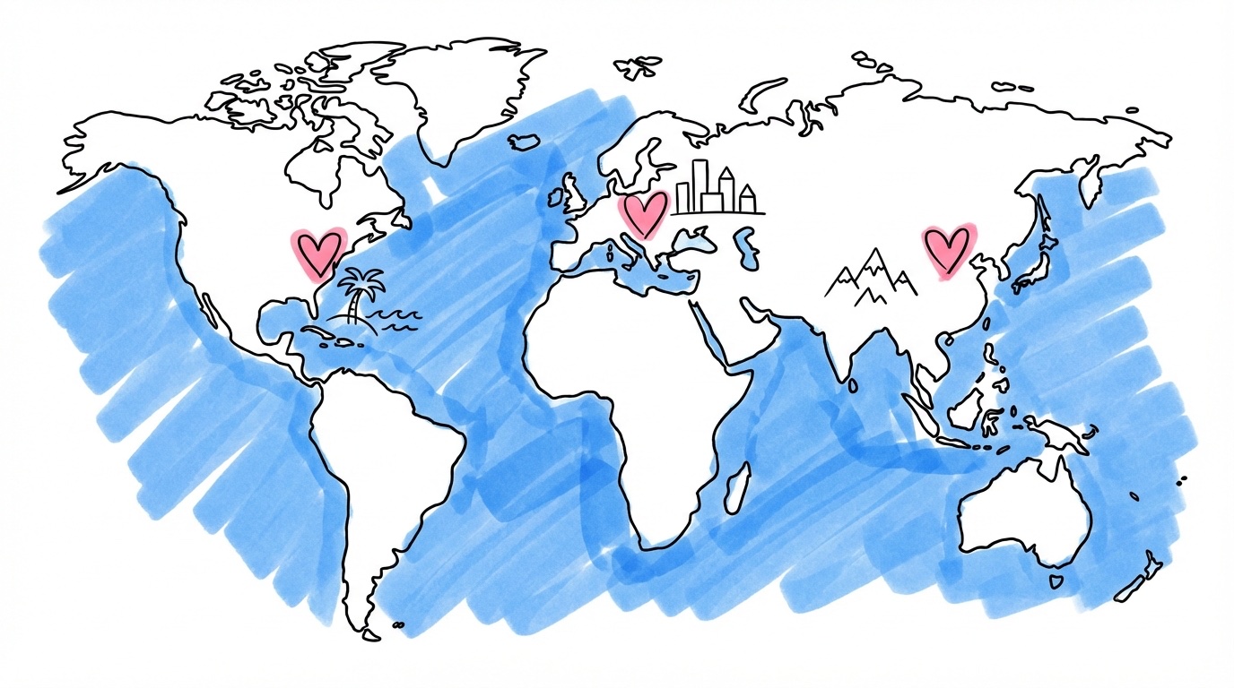 Världskarta med markörer på populära riktningar