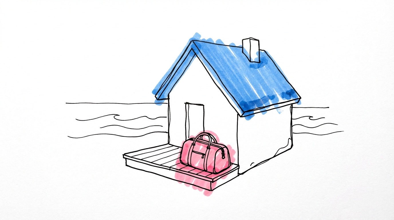 Mysig stuga vid havet med en liten resväska på verandan